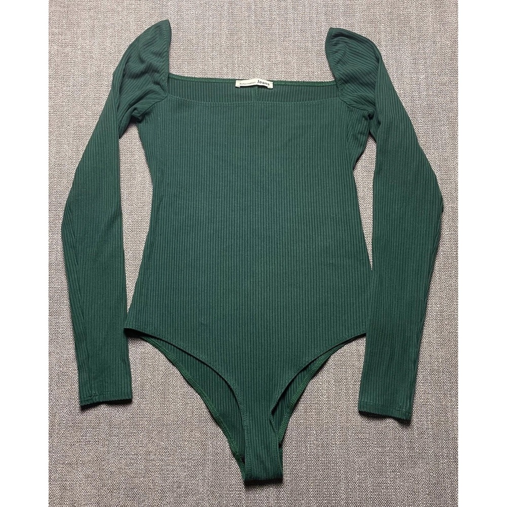 Reformation Jeans Womens Small Green Ribbed Lyocell Square Neck Bodysuit